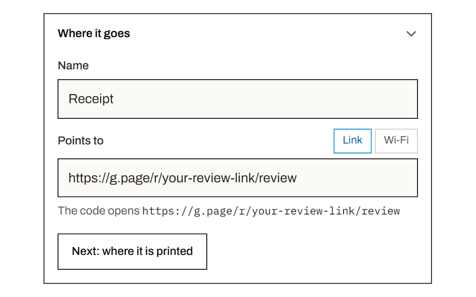 QR Steady's create form with the name Receipt and a Google review link pasted into Points to.