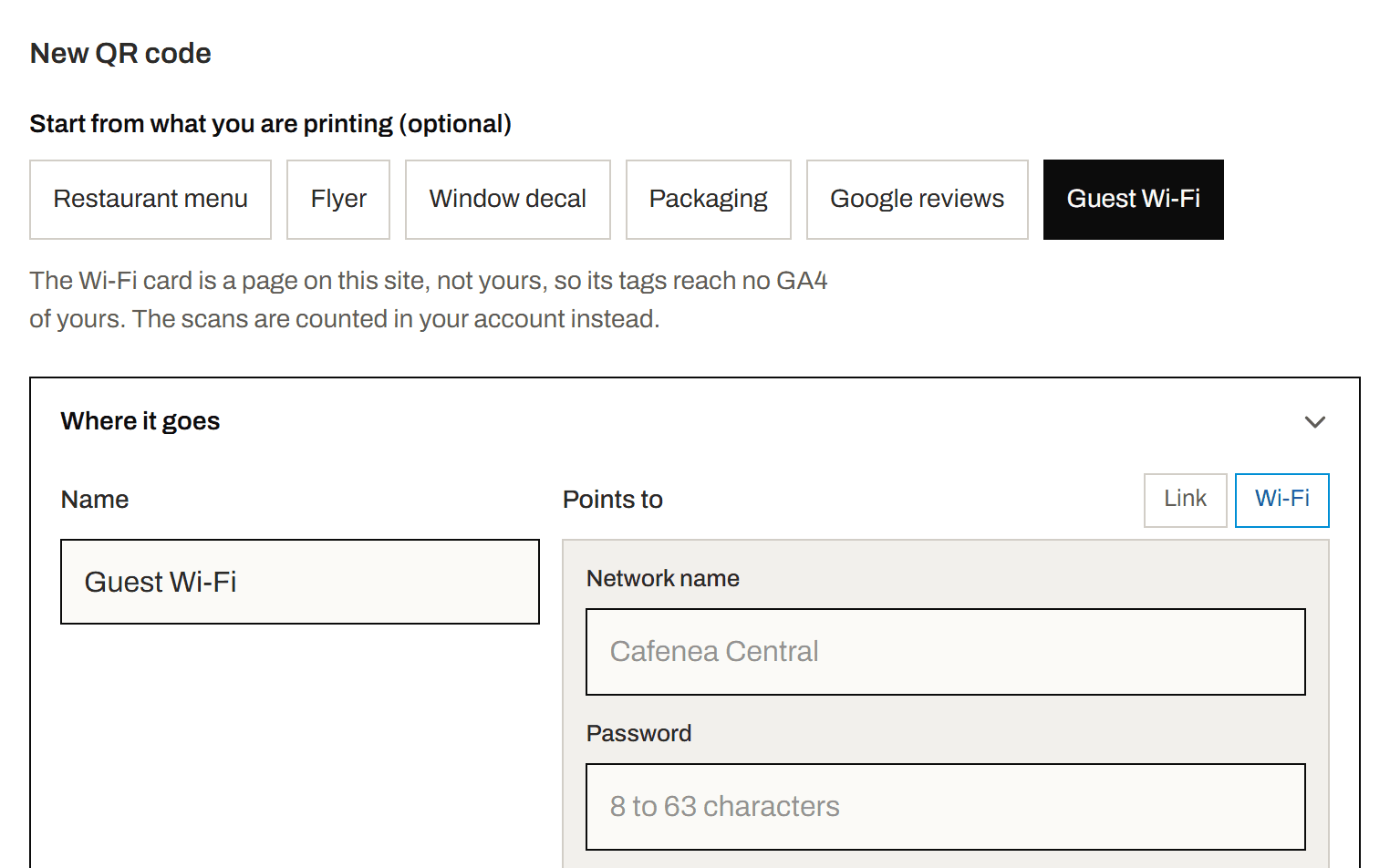 The New QR code form with the Guest Wi-Fi chip pressed and Points to set to Wi-Fi.