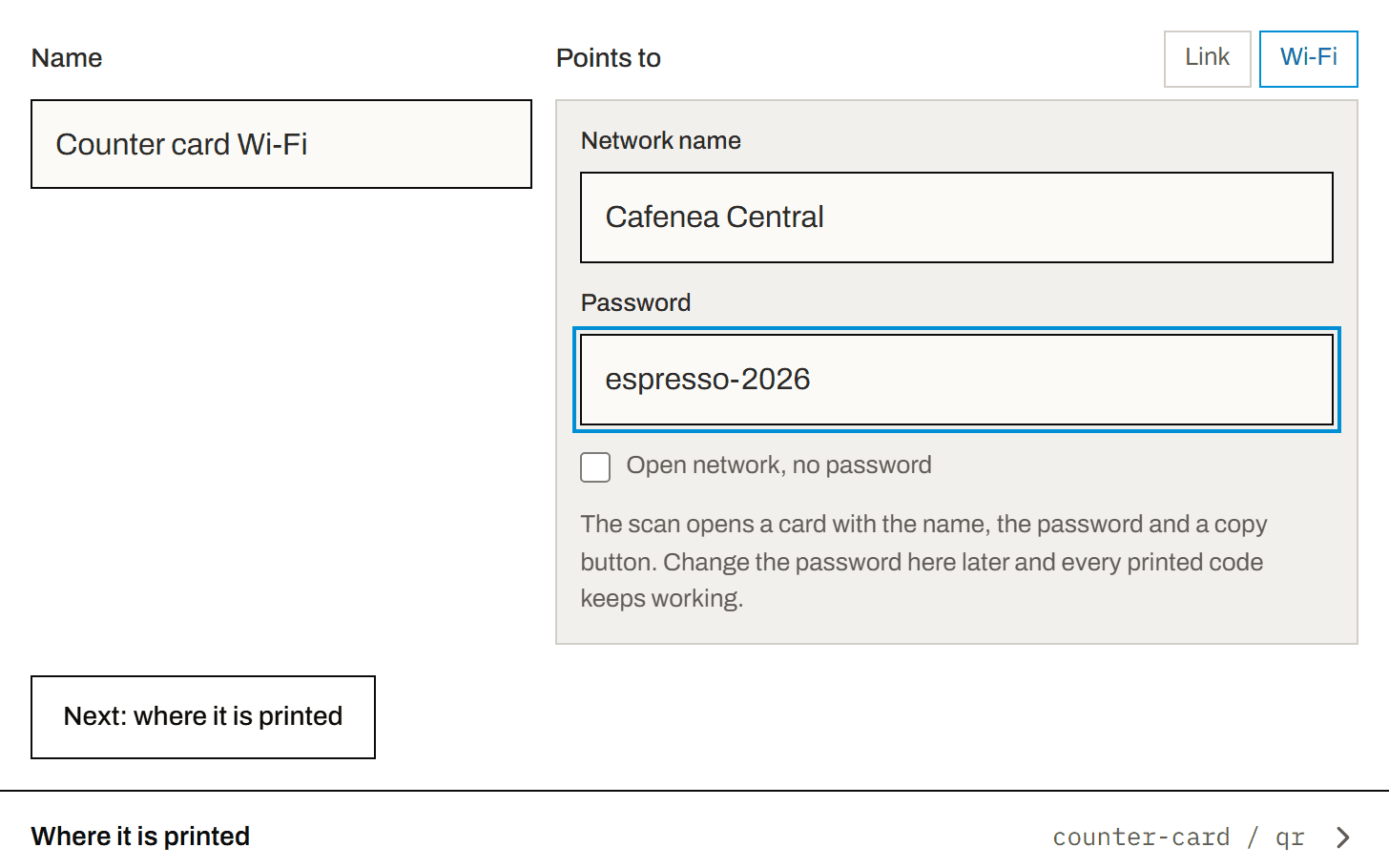 The Wi-Fi fields filled in: a network name and a password.