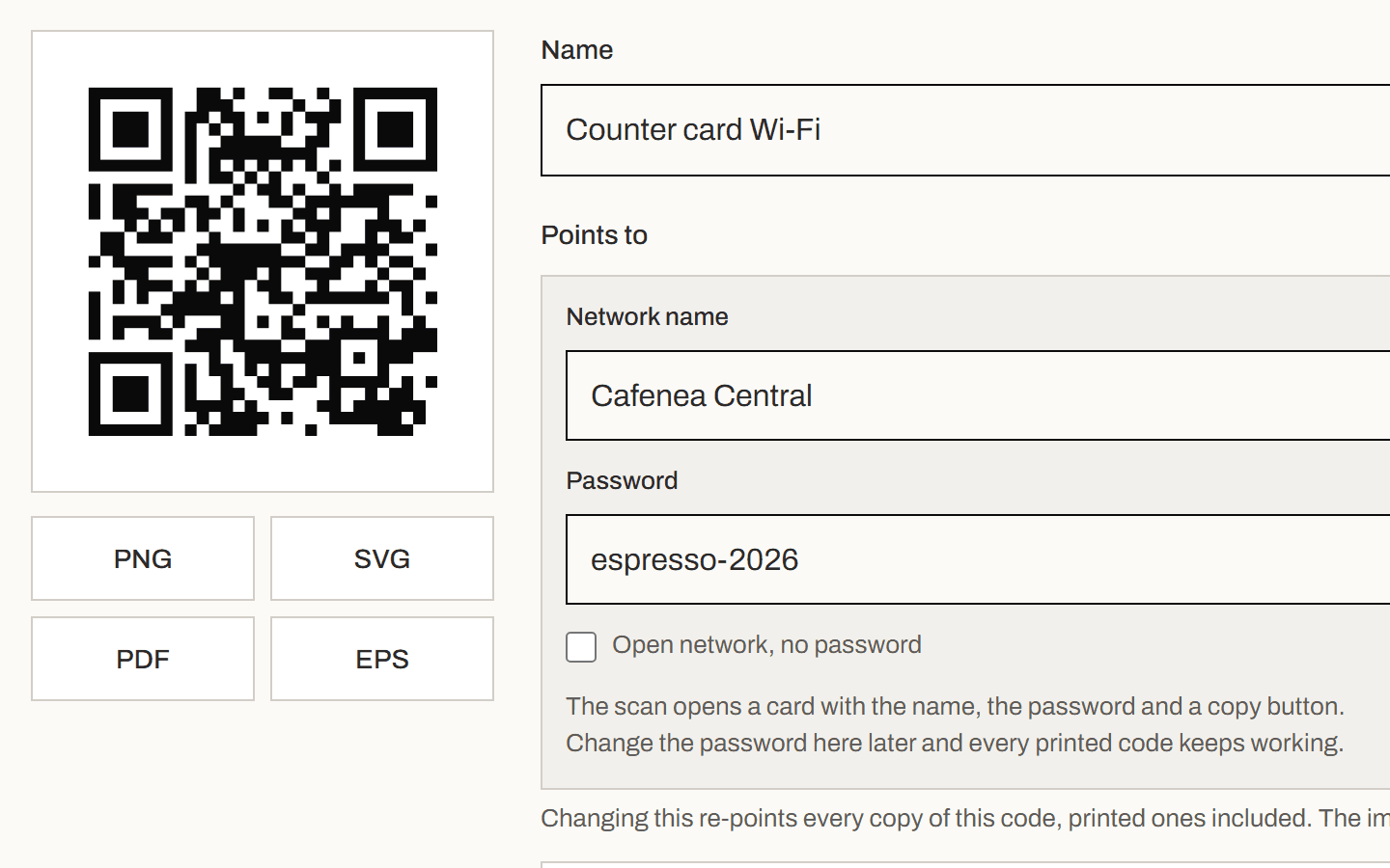 The new code's page with the QR image and the download buttons under it.