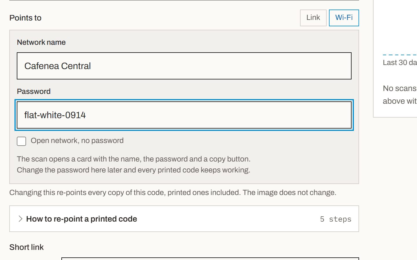 The code's form in Wi-Fi mode with a new password typed in.