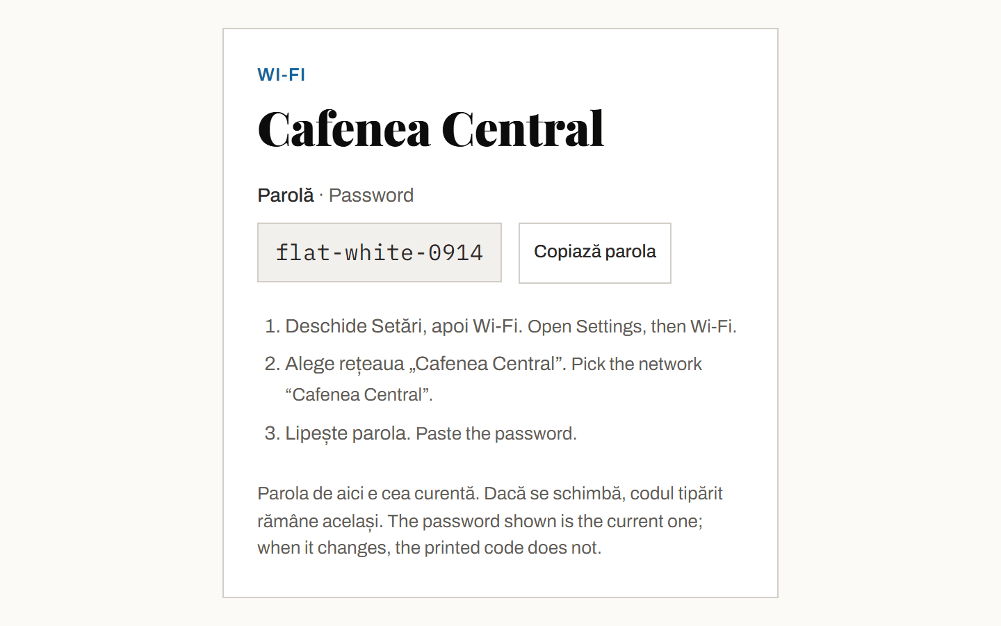 The guest's Wi-Fi card showing the network name, the new password and a Copy button.