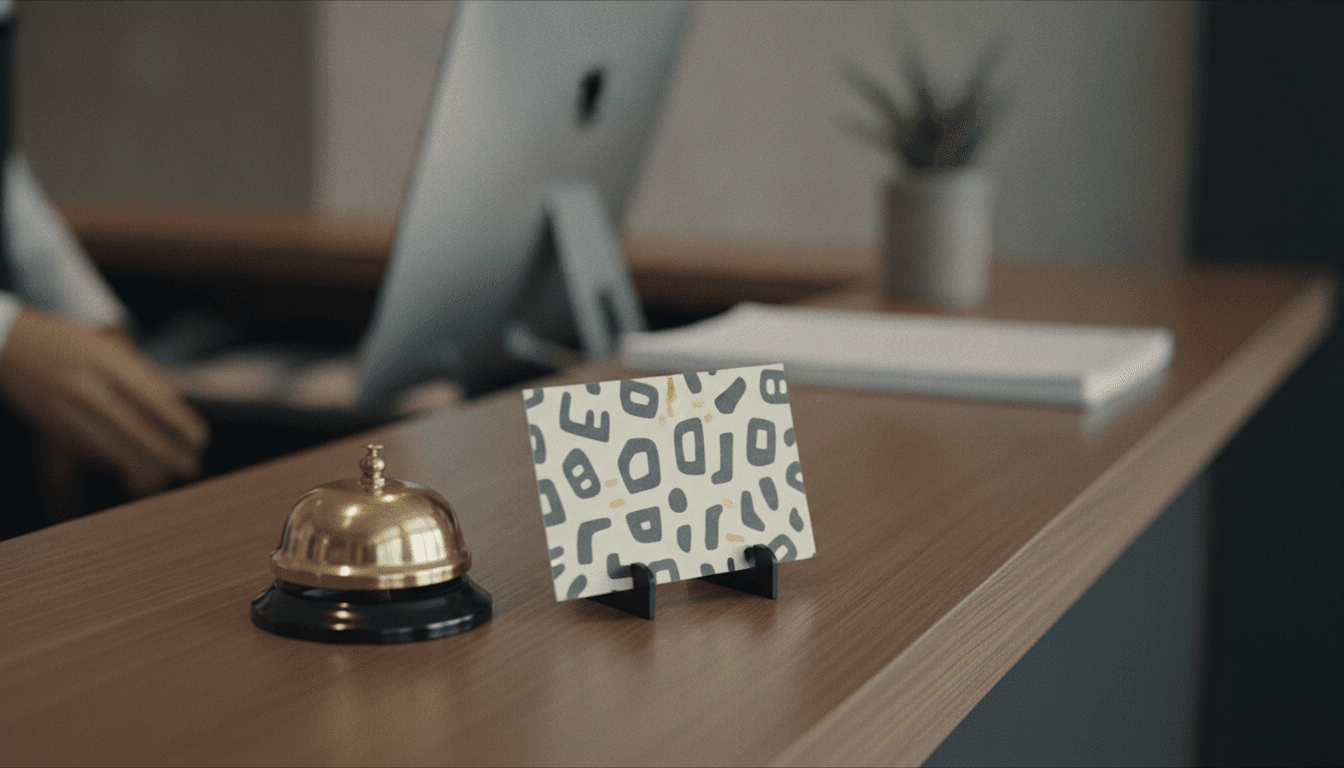 A close-up photograph of a hotel reception desk, showing a small printed card next to a bell, with muted colors and shallow depth of field.