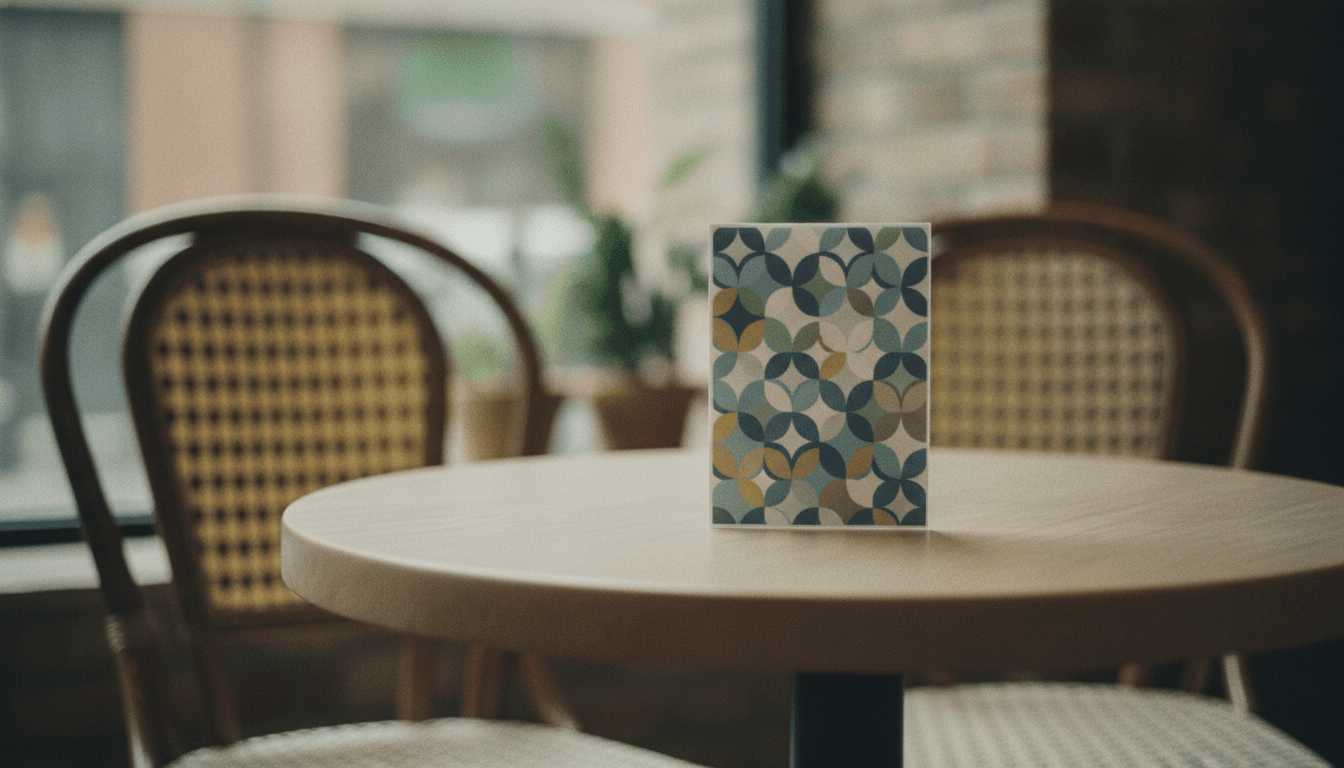 A laminated table card stands on a bistro table, with chairs blurred in the background.
