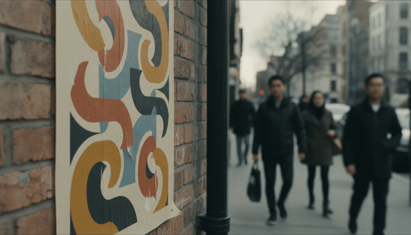 A slightly angled photograph of a poster on a wall, with blurred passersby in the background, captured with visible film grain and muted colors.